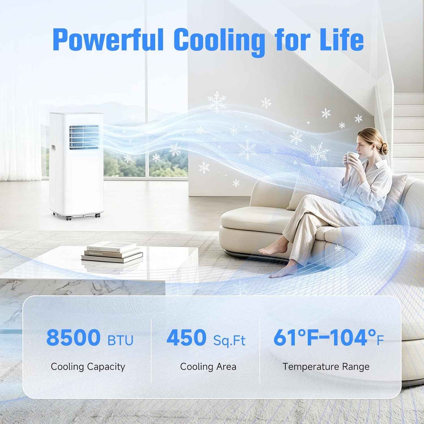 Portable Air Conditioner, 3-in-1 8500 BTU AC Unit with Fan & Dehumidifier – Quiet Cooling for Bedroom, Home Office up to 450 sq.ft, Includes Complete Window Mount Kit